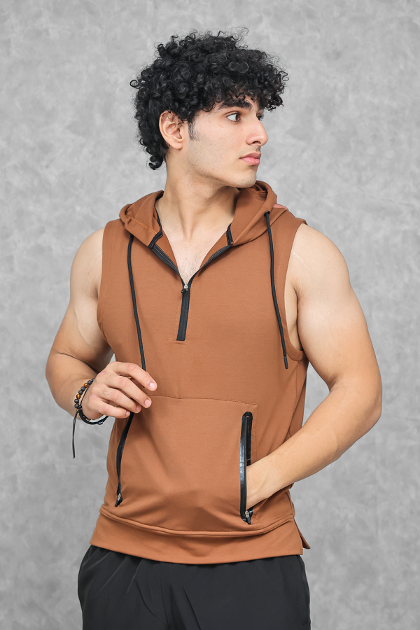 Athletic Training Sleeveless Hoodie- Truffle Brown on Sale