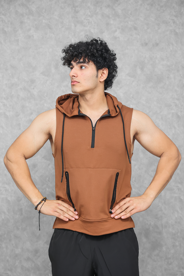 Athletic Training Sleeveless Hoodie- Truffle Brown on Sale